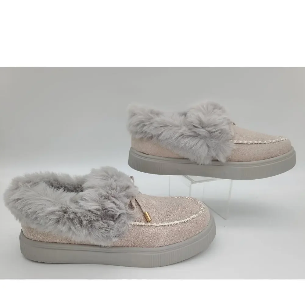 NWOT Rockomi Women's Sz 6 Gray Faux Fur Suede Slip-On Shoes Flats Comfort Casual